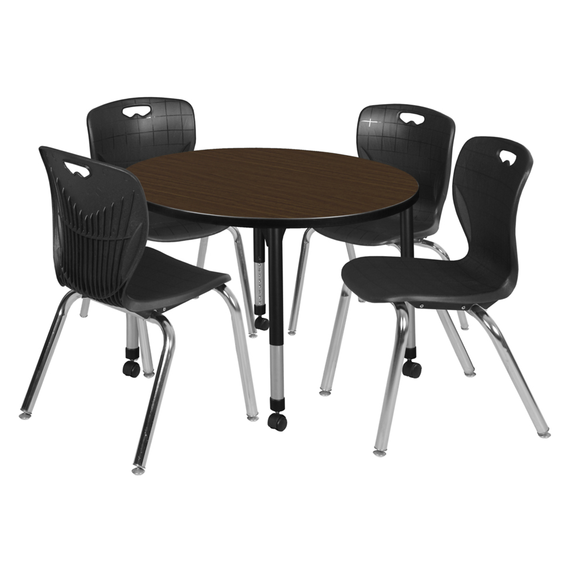 Regency Kee Mobile Adjustable Classroom Table with Andy Stack Chairs — 42in. Round, Neo Walnut/Black, Set of 4, Model# TB42RNDNWAPCBK40BK